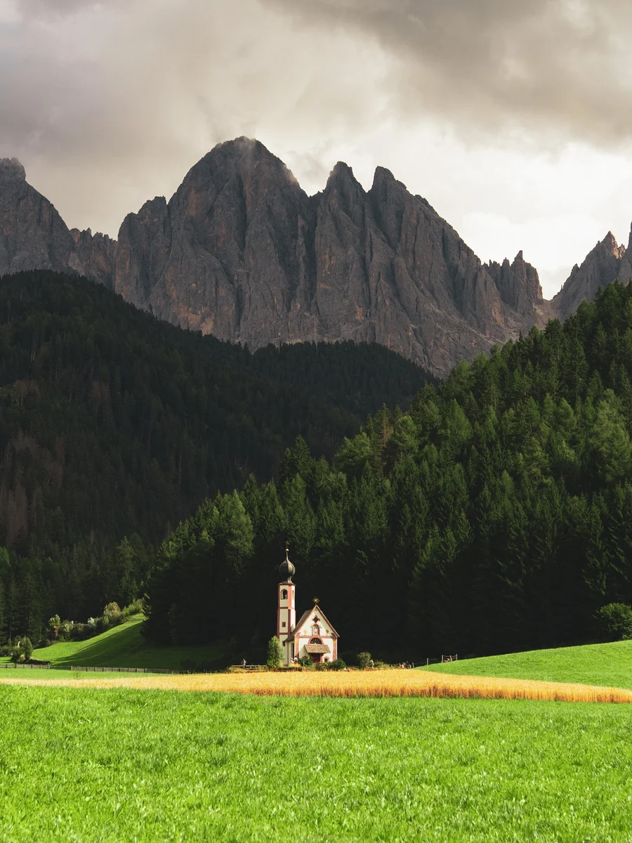 Church beneath the Dolomites in Val di Funes